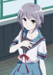  1girl absurdres blurry blurry_background book brown_eyes eyebrows_visible_through_hair highres holding holding_book indoors lips looking_at_viewer nagato_yuki nakachiruno no_eyewear purple_hair school_uniform short_hair solo suzumiya_haruhi_no_yuuutsu 