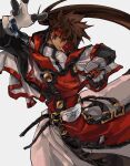  1boy arm_up belt black_gloves brown_hair cross english_text found_modori gloves guilty_gear guilty_gear_xx hair_between_eyes headband highres long_hair male_focus multiple_belts order-sol ponytail simple_background sol_badguy solo white_background 