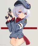  1girl bangs beret blue_jacket breasts character_name closed_mouth eyebrows_visible_through_hair girls&#039;_frontline gun handgun hat holding holding_gun holding_weapon ingerdoll jacket light_purple_eyes light_purple_hair looking_away mp-446_(girls&#039;_frontline) mp-446_viking navel pistol red_scarf scarf short_hair small_breasts smile solo upper_body weapon 