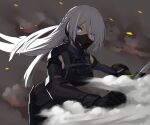  1girl ak-15_(girls&#039;_frontline) bangs black_gloves breasts eyebrows_visible_through_hair feet_out_of_frame girls&#039;_frontline gloves ingerdoll long_hair looking_at_viewer mask purple_eyes silver_hair simple_background smoke solo standing tactical_clothes 