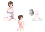  2girls absurdres akaboshi_koume ass bathing blue_eyes breasts brown_hair cleavage collarbone girls_und_panzer highres iteza_(flapper_girl_25) itsumi_erika large_breasts looking_at_viewer looking_away multiple_girls naked_towel silver_hair thought_bubble towel translation_request 