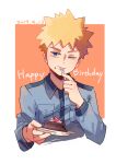  absurdres blonde_hair blue_eyes blue_shirt cake cake_slice closed_mouth commentary_request cropped_torso dated eating food food_on_face fork hanazawa_teruki happy_birthday highres holding holding_fork holding_plate mob_psycho_100 mogutofuoes one_eye_closed orange_background plate shirt short_hair upper_body white_background 