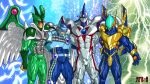  4boys arm_around_shoulder bara blue_bodysuit blush bodysuit bulge covered_abs crotch_plate duel_monster elemental_hero_avian elemental_hero_bubbleman elemental_hero_neos elemental_hero_sparkman feathered_wings feathers feet_out_of_frame galeoria green_bodysuit heart lightning male_focus multiple_boys muscular muscular_male pectorals seductive_smile skin_tight smile superhero thighs tusks water white_bodysuit wings yu-gi-oh! yu-gi-oh!_gx 