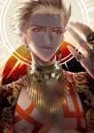  1boy bare_pectorals blonde_hair earrings fate/grand_order fate_(series) gilgamesh_(fate) jewelry looking_at_viewer male_focus necklace pectorals red_eyes ring sakura_hitsuji short_hair signature smile solo spiked_hair upper_body 