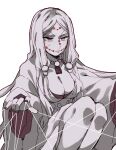  1girl absurdres breasts chinese_commentary cleavage closed_mouth colored_skin commentary_request facial_mark forehead_mark grey_hair grey_skin highres japanese_clothes jewelry kimetsu_no_yaiba kimono large_breasts long_hair low-tied_long_hair mogutofuoes mother_spider_demon_(kimetsu_no_yaiba) necklace purple_eyes silk simple_background sitting solo spider_web white_background white_kimono 