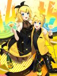  :d blonde_hair blue_eyes bow cup drinking_glass formal hair_bow hair_ornament hairclip hands_on_another&#039;s_shoulders highres kagamine_len kagamine_rin nokuhashi orange_juice ribbon short_hair smile suit vocaloid wine_glass 