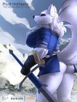  albino armor belt black_sclera bottomless butt canid canine canis clothed clothing dire_wolf female feretta fluffy fur gauntlets gloves hair handwear hi_res lake landscape looking_at_viewer mammal melee_weapon mountain neck_tuft prydr red_eyes scenery sword tuft water weapon white_body white_fur white_hair winter wolf zweihander 