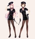  2girls baton_(weapon) brown_hair gloves hat highres megurine_luka meiko multiple_girls nokuhashi pantyhose pink_hair police police_hat police_uniform policewoman standing uniform vocaloid weapon 