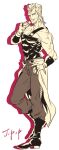  1boy anzumame boots earrings hand_on_hip highres holding holding_star jean_pierre_polnareff jewelry jojo_no_kimyou_na_bouken male_focus overskirt ring solo star_(symbol) stardust_crusaders 