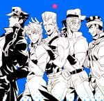  5boys anzumame beard blue_background boston_terrier dog earrings facial_hair gakuran halftone hat iggy_(jojo) jean_pierre_polnareff jewelry jojo_no_kimyou_na_bouken joseph_joestar joseph_joestar_(old) kakyoin_noriaki kujo_jotaro long_coat male_focus mohammed_avdol monochrome multiple_boys old old_man school_uniform stardust_crusaders sweat walking 