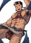  1boy abs armpit_hair armpits bar_censor bara bare_pectorals censored chest_hair clothes_lift demon_horns facial_hair feet_out_of_frame flaccid foreskin goatee hairy highres horns igote kemukemuke large_pectorals leg_hair male_focus male_pubic_hair mature_male muscular muscular_male navel navel_hair nipples no_male_underwear oni original pectorals pelvic_curtain pelvic_curtain_lift pubic_hair scar scar_on_cheek scar_on_face short_hair sideburns sidepec skin-covered_horns smile solo stomach testicles thick_thighs thighs white_background 