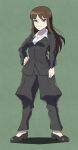  1girl absurdres black_footwear black_pants brown_eyes brown_hair closed_mouth eyebrows_visible_through_hair full_body girls_und_panzer green_background highres long_hair long_sleeves looking_at_viewer nakachiruno nishizumi_shiho pants simple_background solo 