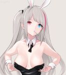  1girl animal_ears bangs bare_shoulders black_bow black_bowtie bow bowtie breasts closed_mouth eyebrows_visible_through_hair fake_animal_ears girls&#039;_frontline grey_background hair_ornament hairclip heterochromia ingerdoll light_blue_eyes long_hair looking_at_viewer mdr_(girls&#039;_frontline) medium_breasts multicolored_hair playboy_bunny purple_eyes rabbit_ears side_ponytail silver_hair solo upper_body 