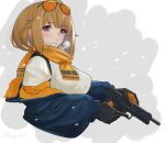  1girl bangs black_gloves blue_jacket blush brown_hair closed_mouth eyebrows_visible_through_hair eyewear_on_head girls&#039;_frontline gloves grizzly_mkv_(girls&#039;_frontline) gun handgun holding holding_gun holding_weapon ingerdoll jacket jacket_pull looking_at_viewer medium_hair orange_scarf pistol purple_eyes scarf simple_background snowflakes solo sweater twitter_username upper_body weapon white_sweater 