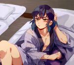  1boy absurdres blue_hair closed_mouth commentary_request feet_out_of_frame frown futon gradient_hair green_eyes hashibira_inosuke highres japanese_clothes kimetsu_no_yaiba kimono looking_at_viewer male_focus medium_hair mogutofuoes multicolored_hair on_floor open_clothes open_kimono pectoral_cleavage pectorals pillow purple_kimono reclining solo v-shaped_eyebrows 