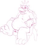  2021 2_horns 3_toes 4_fingers anthro balls barely_visible_balls barely_visible_genitalia belly biceps big_belly biped bracelet chair claws crown digital_media_(artwork) eyebrows fangs feet finger_claws fingers front_view furniture genitals hi_res horn jewelry king king_koopa koopa looking_at_viewer male mario_bros monochrome musclegut muscular muscular_anthro muscular_male narrowed_eyes nintendo non-mammal_balls nude open_mouth overweight overweight_anthro overweight_male pecs pink_and_white plantigrade raised_foot reptile rip_k royalty scales scalie sharp_teeth shell simple_background sitting sketch snout solo spiked_bracelet spiked_shell spiked_tail spikes spikes_(anatomy) teeth throne toe_claws toes tongue unfinished video_games white_background 