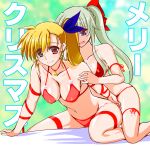  2girls adjusting_clothes adjusting_swimsuit arm_ribbon arm_support asymmetrical_bangs background_text bangs bed_sheet bell bikini blonde_hair blue_eyes blue_ribbon bow breasts christmas cleavage closed_mouth commentary_request einhart_stratos engo_(aquawatery) eyebrows_visible_through_hair grabbing grabbing_from_behind green_eyes green_hair hair_bow hair_ribbon halterneck heterochromia leaning_forward long_hair looking_at_viewer lyrical_nanoha mahou_shoujo_lyrical_nanoha_vivid medium_breasts merry_christmas multiple_girls navel neck_bell on_bed partial_commentary red_bikini red_bow red_eyes red_ribbon ribbon saliva side_ponytail sidelocks sitting smile swimsuit thigh_strap translated twintails vivio wariza yuri 