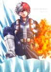  1boy bangs belt blue_eyes boku_no_hero_academia boots breath burn_scar costume dated english_text fire from_below hair_between_eyes hair_blowing happy_birthday heterochromia high_collar highres ice leg_lift leg_up long_bangs looking_at_viewer male_focus multicolored_hair parted_lips red_hair satoko_(sat_ok_o) scar scar_on_face short_hair smile solo special_moves split-color_hair todoroki_shouto two-tone_hair utility_belt white_background white_hair 