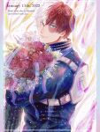 1boy absurdres back bangs birthday blue_eyes boku_no_hero_academia border bouquet burn_scar confetti costume dated english_text foreground_text from_side hair_between_eyes heterochromia high_collar highres holding holding_bouquet konsobastew light_smile long_bangs looking_at_viewer looking_back male_focus mixed-language_text multicolored_hair pillarboxed red_hair scar scar_on_face short_hair smile solo split-color_hair streamers text_focus todoroki_shouto translation_request twitter_username two-tone_hair white_hair 