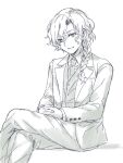  1boy bangs braid closed_mouth collared_shirt crossed_legs eyebrows_behind_hair fate/grand_order fate_(series) feet_out_of_frame formal greyscale hair_between_eyes hair_over_shoulder highres interlocked_fingers jacket long_sleeves male_focus marisbury_animusphere monochrome necktie open_clothes open_jacket own_hands_together pants shadow shirt single_braid sitting smile solo suit tachitsu_teto vest white_background 