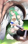  2girls alternate_hair_color armor bangs blush breasts byleth_(fire_emblem) byleth_(fire_emblem)_(female) camel000 closed_mouth dragon dress enlightened_byleth_(female) fire_emblem fire_emblem:_three_houses flower green_eyes green_hair hair_flower hair_ornament highres horns lap_pillow large_breasts long_hair lying lying_on_lap medium_hair multiple_girls open_mouth rhea_(fire_emblem) smile the_immaculate_one white_dress yuri 