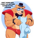  absurd_res animatronic anthro big_bulge bulge clothing doggonut duo ear_piercing english_text five_nights_at_freddy&#039;s five_nights_at_freddy&#039;s:_security_breach fur glamrock_freddy_(fnaf) hair hat headgear headwear hi_res machine male male/male mammal muscular muscular_anthro muscular_male piercing robot scottgames simple_background size_difference text top_hat ursid video_games ych_(character) 