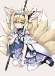  1girl absurdres animal_ear_fluff animal_ears ankle_boots arknights bare_shoulders black_footwear blonde_hair blue_hairband blush boots cape closed_mouth earpiece fox_ears fox_girl fox_tail frilled_skirt frills green_eyes hair_rings hairband highres holding holding_staff kneeling looking_at_viewer multicolored_hair multiple_tails oripathy_lesion_(arknights) pantyhose pleated_skirt purple_skirt short_hair sidelocks simple_background skirt smile solo staff suzuran_(arknights) tail tor_ai two-tone_hair white_background white_cape white_hair white_legwear 