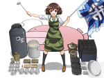  1girl :d akiyama_yukari anglerfish apron arm_up bangs basin black_legwear blouse brown_eyes brown_footwear brown_hair camouflage_apron can canteen commentary_request emblem equipment_layout eyebrows_visible_through_hair flag girls_und_panzer green_apron highres holding holding_flag holding_ladle ladle loafers long_sleeves looking_at_viewer messy_hair mushinosuke ooarai_(emblem) ooarai_school_uniform open_mouth sailor_collar school_uniform serafuku shadow shoes short_hair sleeves_rolled_up smile socks solo standing white_background white_blouse white_sailor_collar 