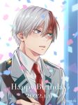  1boy bag bangs blue_eyes blurry blurry_background blurry_foreground boku_no_hero_academia burn_scar confetti dated english_text foreground_text hair_between_eyes happy_birthday heterochromia highres light_blush long_bangs male_focus messenger_bag multicolored_hair parted_lips red_hair salt_-_siomsb scar scar_on_face school_uniform short_hair shoulder_bag smile solo split-color_hair surprised text_focus todoroki_shouto twitter_username two-tone_hair u.a._school_uniform white_hair 