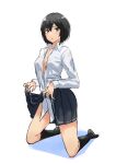  1girl :o amagami bangs black_footwear black_hair black_legwear black_skirt breasts brown_eyes cleavage_cutout clothes_lift clothing_cutout commentary dress_shirt full_body hair_between_eyes highres kibito_high_school_uniform kneeling lifted_by_self long_sleeves looking_at_viewer looking_to_the_side nanasaki_ai no_bra open_clothes parted_lips pleated_skirt school_uniform shadow shirt short_hair simple_background skirt skirt_lift small_breasts socks solo unbuttoned unbuttoned_shirt uniform white_background white_shirt ykh1028 