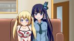  2girls akizuki_airi akizuki_airi_(cosplay) aoi_nabi arm_around_shoulder bangs black_hair blonde_hair blue_eyes butterfly_hair_ornament chira573 collarbone cosplay couch eyebrows_visible_through_hair hair_ornament highres hololive hololive_english indie_virtual_youtuber indoors long_hair monocle_hair_ornament multiple_girls oni_chichi open_mouth parody shirt smile virtual_youtuber watson_amelia 