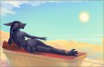  2022 4_toes 5_fingers absurd_res anthro black_hair breasts canid canine canis day detailed_background diigtal feet female fingers hair hi_res jackal mammal nipples nude outside sky toes viwrastupr 