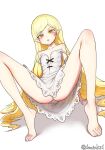  1girl :&lt; arm_support artist_name ass bad_id bad_pixiv_id bangs barefoot blonde_hair blush body_bridge collarbone dress dynamite_tomokazu eyelashes fang feet heel_up highres kizumonogatari lace-up laces leaning_back long_hair looking_at_viewer m_legs monogatari_(series) open_mouth oshino_shinobu parted_bangs pointy_ears see-through_dress shadow simple_background sleeveless sleeveless_dress solo spread_legs strap_slip sundress toes twitter_username very_long_hair white_background white_dress yellow_eyes 