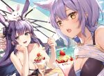  2girls :d :o animal_ear_fluff animal_ears animal_on_head arknights bangs bare_arms bare_shoulders beach_umbrella bikini black_bikini black_bow blush bow breasts brown_eyes bunny choker cleavage collarbone day eyebrows_visible_through_hair food fruit hair_bow hand_on_own_cheek hand_on_own_face holding holding_spoon ice_cream ice_cream_spoon large_breasts long_hair looking_at_viewer multiple_girls official_alternate_costume official_art on_head open_clothes open_mouth outdoors provence_(arknights) provence_(casual_vacation)_(arknights) purple_hair rabbit_ears rope_(arknights) rope_(summer_flowers)_(arknights) rosuuri sample smile spoon strawberry sundae swimsuit teeth umbrella upper_body upper_teeth white_bikini wolf_ears yellow_eyes 