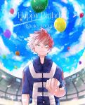  1boy balloon bangs blue_eyes blue_sky boku_no_hero_academia burn_scar character_name clenched_hand confetti dated day english_text expressionless fisheye hair_between_eyes hair_blowing happy_birthday heterochromia highres long_bangs looking_ahead male_focus multicolored_hair red_hair scar scar_on_face short_hair sky smile solo split-color_hair stadium swirl text_focus todoroki_shouto two-tone_hair u.a._gym_uniform usamipyo white_hair 