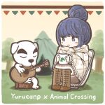  1boy 1girl animal_crossing blue_eyes blue_hair boots brown_footwear closed_eyes coffee_mug copyright_name cup day enola_(ebanataw) guitar holding holding_cup holding_instrument instrument k.k._slider_(animal_crossing) looking_at_another mug outdoors shima_rin short_hair sitting tent typo yurucamp 