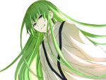  1other bangs closed_mouth eyebrows_visible_through_hair fate/strange_fake fate_(series) green_hair hair_between_eyes kingu_(fate) long_hair looking_at_viewer purple_eyes robe simple_background smile solo tachitsu_teto upper_body very_long_hair white_background white_robe 