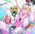  1boy battle_tendency blonde_hair bottle bow bowtie caesar_anthonio_zeppeli colored_eyelashes facial_mark feather_hair_ornament feathers flower gift gloves green_eyes hair_ornament half_gloves hat hat_flower headband highres holding holding_clothes holding_hat jojo_no_kimyou_na_bouken male_focus one_eye_closed pants solo string_of_flags striped striped_pants sunflower top_hat white_gloves wine_bottle xing_xiao 
