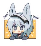  +_+ 1girl :d animal_ear_fluff animal_ears arknights bangs blush_stickers chibi commentary_request eyebrows_visible_through_hair grani_(arknights) grey_eyes grey_hair hair_between_eyes korean_commentary korean_text ponytail rbfnrbf_(mandarin) smile solo translation_request upper_body visor white_background 