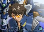  1boy brown_eyes brown_hair character_name collarbone green_eyes gundam gundam_astray_blue_frame gundam_seed gundam_seed_astray hair_behind_ear highres male_focus mecha mobile_suit murakumo_gai pectoral_cleavage pectorals pilot_suit science_fiction sunglasses tokita_kouichi v-fin v-shaped_eyebrows 