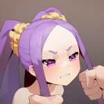  1boy 1girl bangs blush breasts clenched_teeth collarbone fate/grand_order fate_(series) forehead hair_ornament hair_scrunchie long_hair nude parted_bangs purple_eyes purple_hair scrunchie sidelocks small_breasts teeth twintails very_long_hair viroa wu_zetian_(fate) yellow_scrunchie 