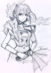  1girl artist_name bangs breasts dated eyebrows_visible_through_hair frown greyscale hair_behind_ear highres holding holding_microphone idol idol_clothes ink_(medium) kaname_buccaneer looking_at_viewer macross macross_delta medium_breasts microphone monochrome murayama_hitoshi navel short_hair solo traditional_media 