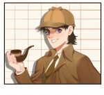  1boy black_hair blue_eyes cosplay deerstalker hat highres jojo_no_kimyou_na_bouken jonathan_joestar male_focus necktie phantom_blood pipe sherlock_holmes sherlock_holmes_(cosplay) solo spadelake trench_coat 