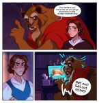  2021 anthro beast_(disney) beauty_and_the_beast being_watched belle_(beauty_and_the_beast) brown_body brown_fur caught censored chair clothing comic computer crossgender dialogue disney duo english_text fur furniture hair half-closed_eyes hi_res horn human looking_at_another looking_at_porn male mammal monster narrowed_eyes open_mouth pornography ripushko sitting speech_bubble teeth text tongue wide_eyed 