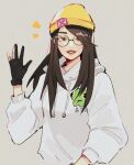  1girl alternate_costume beanie brown_hair glasses gloves grey_background grey_hoodie hair_behind_ear hat highres hood hoodie hyoon_(sockgyu) killjoy_(valorant) partially_fingerless_gloves round_eyewear simple_background smile solo sweater valorant waving yellow_headwear 