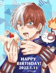  1boy alternate_form bangs blue_eyes boku_no_hero_academia burn_scar cake cake_decoration character_name costume dated dual_persona english_text eyebrows_visible_through_hair food food_on_face fruit gauntlets hair_between_eyes happy_birthday heterochromia highres holding holding_food licking licking_finger long_bangs looking_at_viewer male_focus multicolored_hair open_mouth ottotdbk patterned_background red_hair scar scar_on_face short_hair smile solo split-color_hair strawberry text_focus todoroki_shouto tongue tongue_out twitter_username two-tone_hair white_hair 