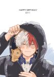  1boy animal animal_in_clothes animal_on_head animal_on_shoulder bangs blue_eyes boku_no_hero_academia burn_scar cat cat_on_chest cat_on_head cat_on_shoulder coat costume dated english_text hair_between_eyes hamachibri hand_on_headwear happy_birthday heterochromia highres holding holding_animal hood hood_up light_blush light_smile long_bangs male_focus multicolored_hair on_head portrait red_hair scar scar_on_face short_hair smile snow_on_head snowing solo_focus split-color_hair text_focus todoroki_shouto two-tone_hair white_hair winter winter_clothes winter_coat 
