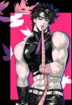  1boy abs absurdres amputee bare_shoulders battle_tendency bird blue_eyes grimace highres jojo_no_kimyou_na_bouken joseph_joestar joseph_joestar_(young) male_focus messy_hair midriff missing_limb mouth_hold muscular muscular_male red_eyes ribbon silhouette sleeveless sleeveless_turtleneck solo spiked_hair triangle_print turtleneck xing_xiao 