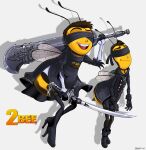  2017 absurd_res adam_flayman antennae_(anatomy) anthro arthropod barry_b._benson bee bee_movie blindfold clothed clothing cosplay crossdressing dreamworks duo english_text footwear hi_res high_heels holding_object holding_sword holding_weapon humor hymenopteran insect insect_wings male melee_weapon meme nier_automata open_mouth open_smile pun shadman shoes simple_background smile stinger sword text weapon white_background wings yellow_body yellow_skin yorha_2b yorha_9s 