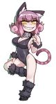  1girl animal_ear_fluff animal_ears bangs black_footwear black_legwear black_leotard black_souls breasts cat_ears cat_girl cat_tail cheshire_cat_(black_souls) cleavage covered_navel curly_hair eyebrows_visible_through_hair full_body furrowed_brow gradient_hair grin hand_on_own_leg highleg highleg_leotard kneehighs large_breasts leg_up leotard looking_at_viewer multicolored_hair nyong_nyong pink_hair purple_hair short_hair sideboob simple_background smile solo standing standing_on_one_leg striped_tail tail tail_raised teeth two-tone_hair white_background yellow_eyes 